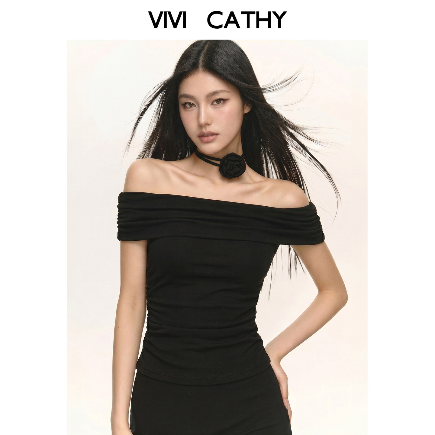 VIVICATHY2026夏季黑色露肩长袖t恤女一字肩花朵设计感修身上衣