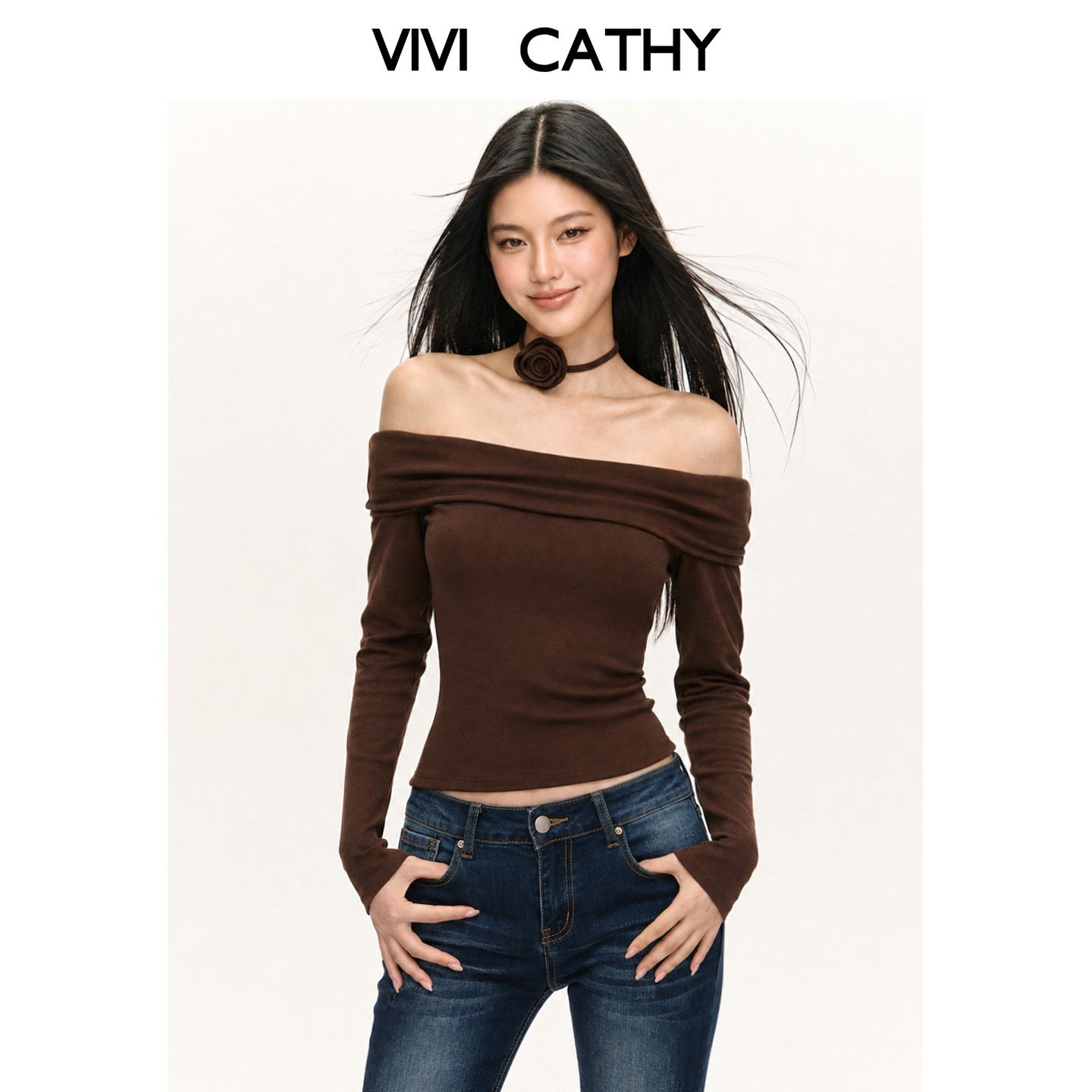 VIVICATHY美拉德咖色一字肩上衣女2026秋新款辣妹风内搭修身长袖