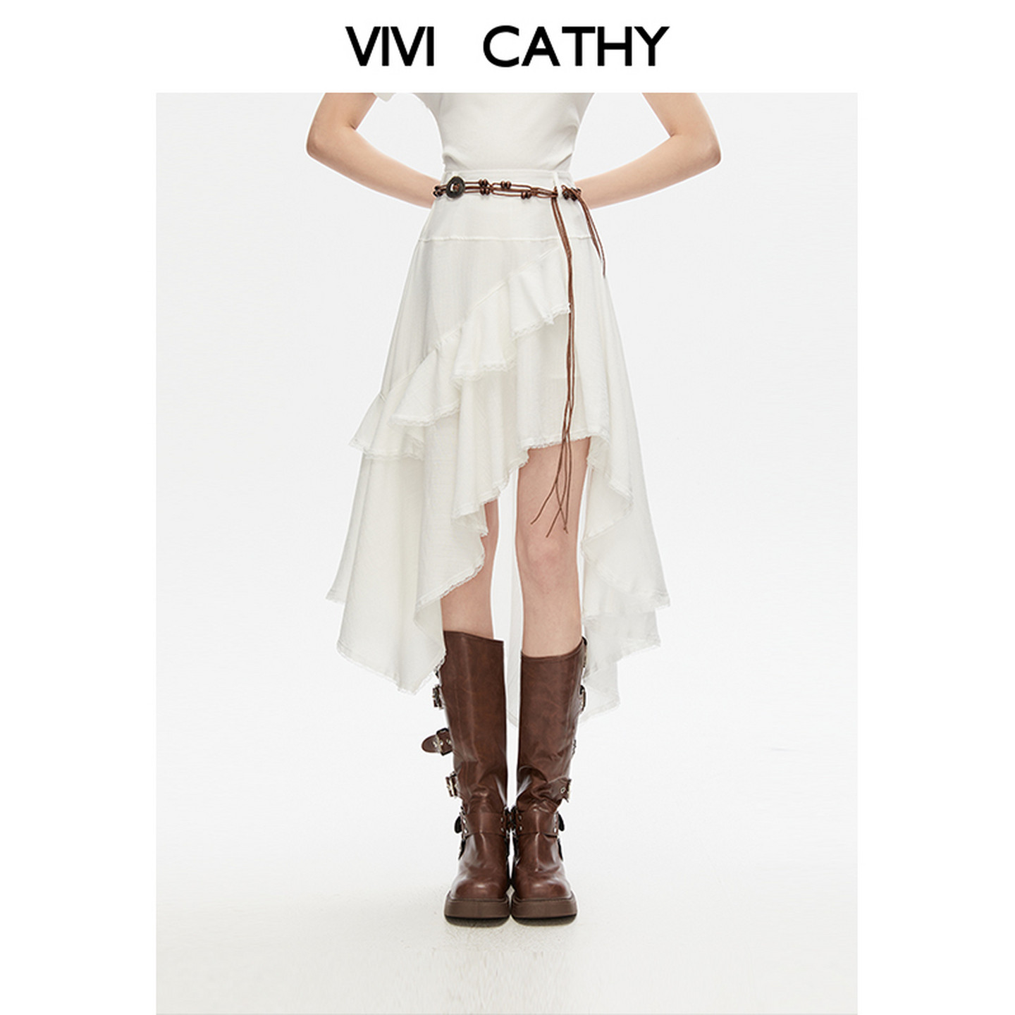 VIVICATHY不规则蕾丝荷叶边半身裙女2026春季设计感度假蛋糕长裙