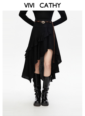 VIVICATHY2025秋黑色欧若风高腰绑带半身裙女蕾丝花边不规则a裙