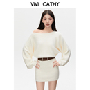 VIVICATHY2025秋冬纯欲斜肩气质长袖 针织连衣裙女收腰显瘦包臀裙