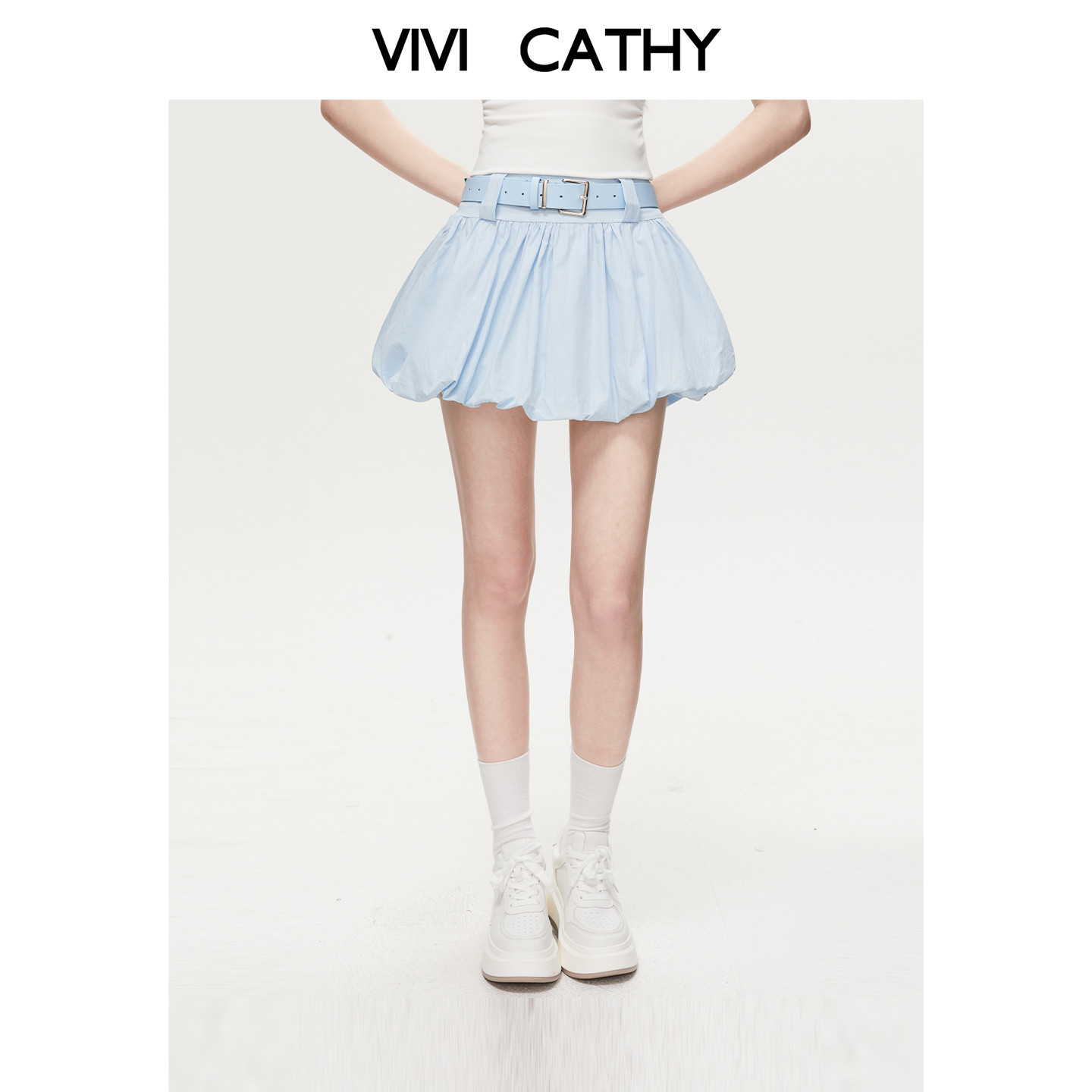 VIVICATHY2026春夏芭蕾风冰川蓝花苞短裙女配皮带a字蓬蓬半身裙