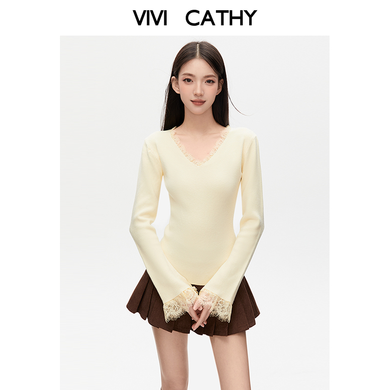 VIVICATHY2025秋冬蕾丝花边V领设计感毛衣修身喇叭袖显瘦打底衫