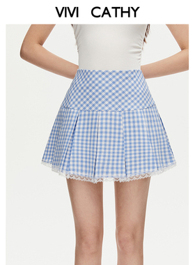 VIVICATHY2025夏复古蓝色格子半身裙女高腰蕾丝拼接显瘦百褶短裙