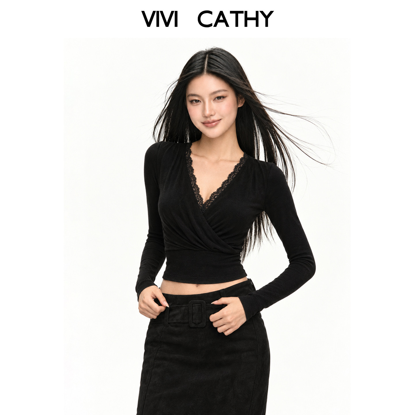 VIVICATHY辣妹风蕾丝荡领假两件针织长袖女2026秋冬新款黑色上衣