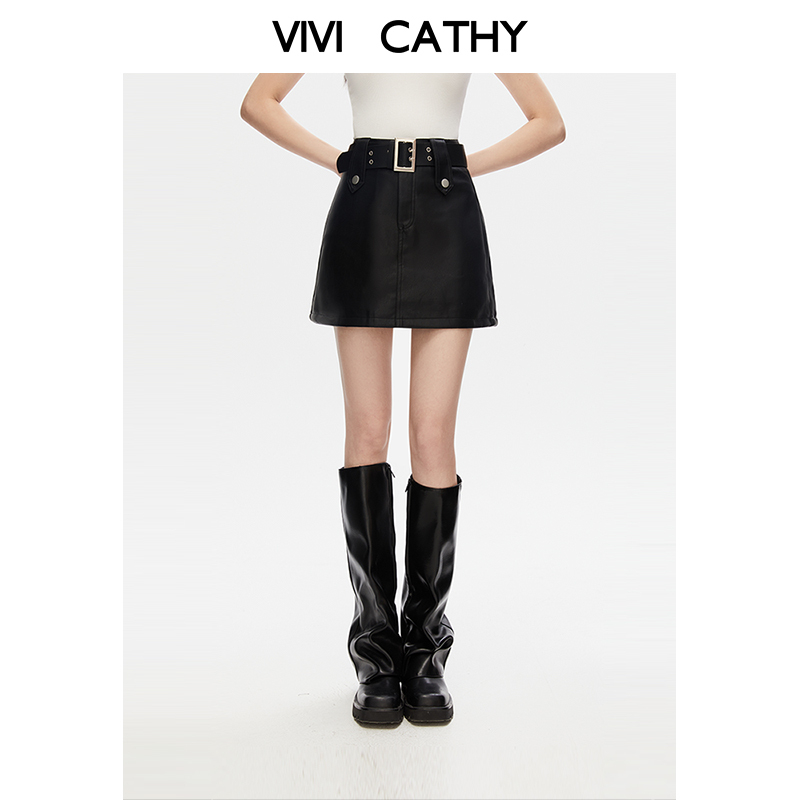 VIVICATHY2025秋美式辣妹黑色皮裙女高腰显瘦修身包臀PU皮短裙