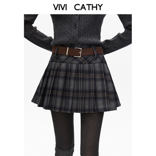 VIVICATHY2025秋冬韩系学院风格 纹百褶毛呢裙女高腰防走光半身裙
