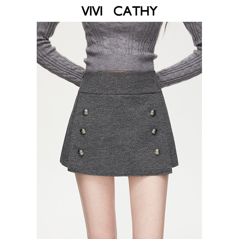 VIVICATHY2025秋冬复古双排扣高腰显瘦a字半身裙女气质毛呢裙裤,女装/女士精品,休闲裤,淘宝优惠券,粉丝福利购,淘宝优惠卷
