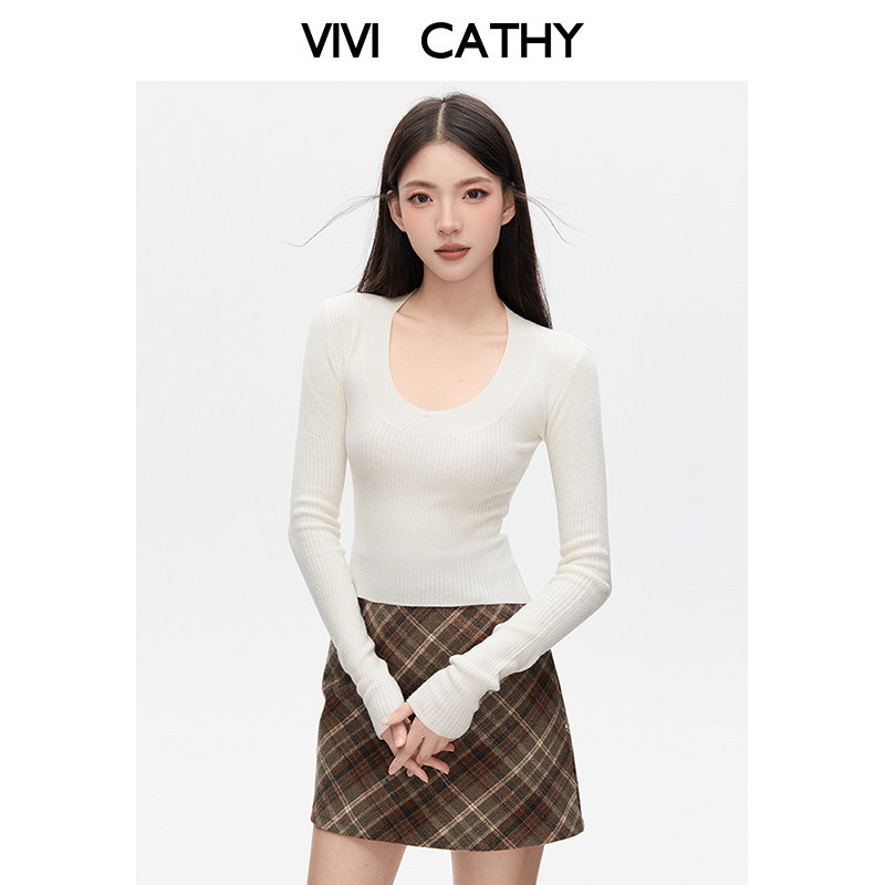 VIVICATHY2025秋冬U领纯欲修身外穿套头针织衫上衣女佰搭打底衫
