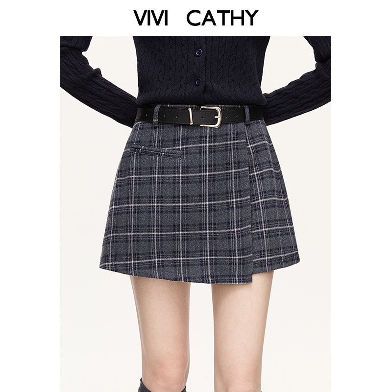 VIVICATHY2026春冬复古撞色格纹半身裙女高腰学院风a字毛呢短裙