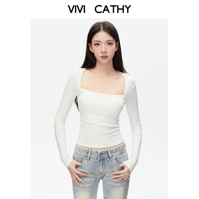 VIVICATHY2025秋纯欲高弹方领T恤女白色修身长袖打底衫内搭上衣