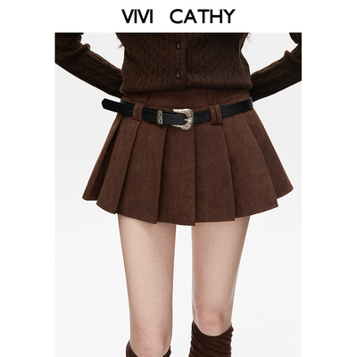 VIVICATHY2025秋冬美拉德焦糖咖色百褶裙女美式灯芯绒a字半身裙