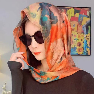 薄款 双面防晒连帽头巾女田园风包头夏季 户外遮阳丝巾帽一体时尚