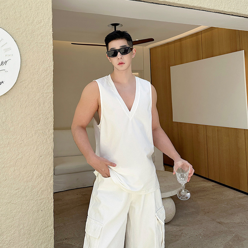 25SS休闲潮流无袖高级感V领套头背心两色M10557P55,男装背心/马甲,电商B252