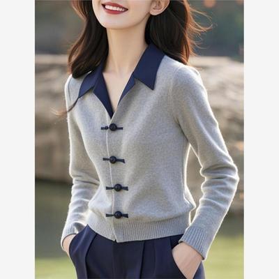 早秋polo领灰色针织衫上衣长袖打底衫2025新款女款秋冬季毛衣开衫