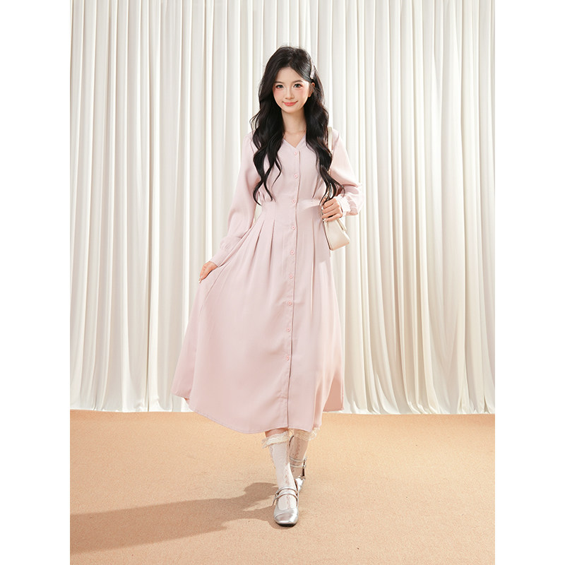 长短款粉色连衣裙2025年新款甜美收腰显瘦衬衫温柔气质到脚踝裙子