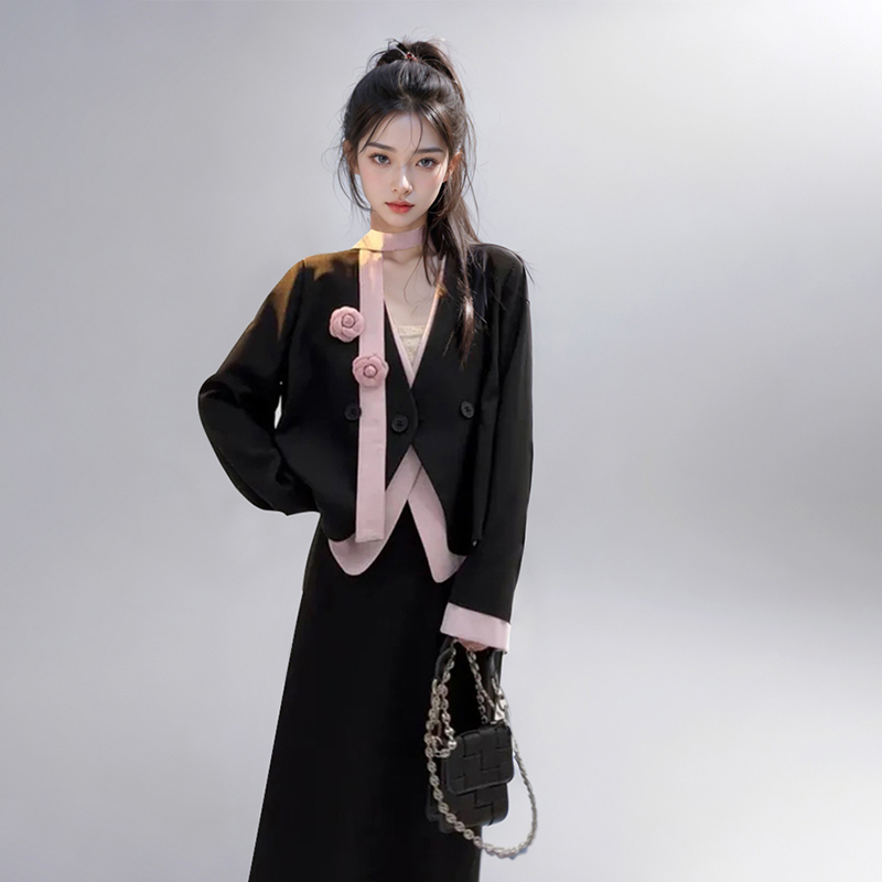 韩系设计感通勤套装女春季2025新款假两件拼接西装外套半裙两件套