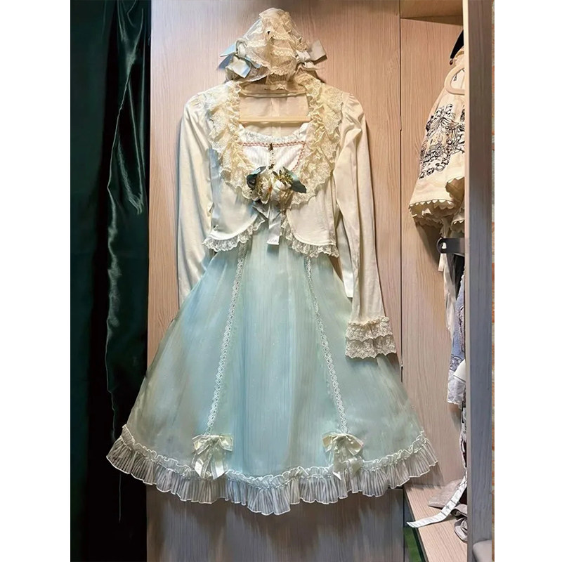 日系甜美套装裙女秋季新款设计感蕾丝拼接蝴蝶结连衣裙开衫两件套