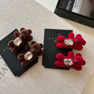 韩国同款 植绒水钻小熊发夹刘海夹可爱碎发边夹网红气质百搭发卡