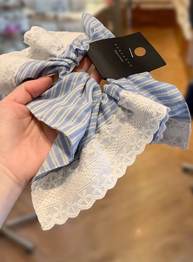 韩国ins新款蕾丝花边蓝色条纹大肠发圈时尚高级优雅头饰气质发饰