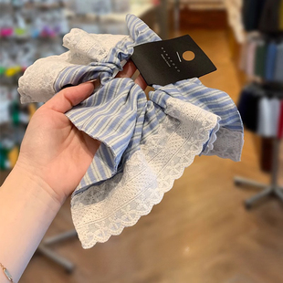 韩国ins新款 高级优雅头饰气质发饰 蕾丝花边蓝色条纹大肠发圈时尚