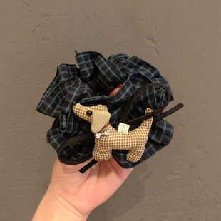 时尚 头绳女 黑青格纹布艺发圈可爱小狗蝴蝶结肠圈发绳头饰2025新款