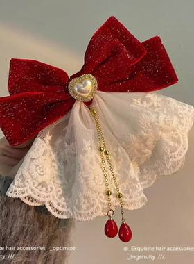甜美气质蕾丝红色大蝴蝶结一字夹在逃公主碎钻发夹女后脑勺夹头饰