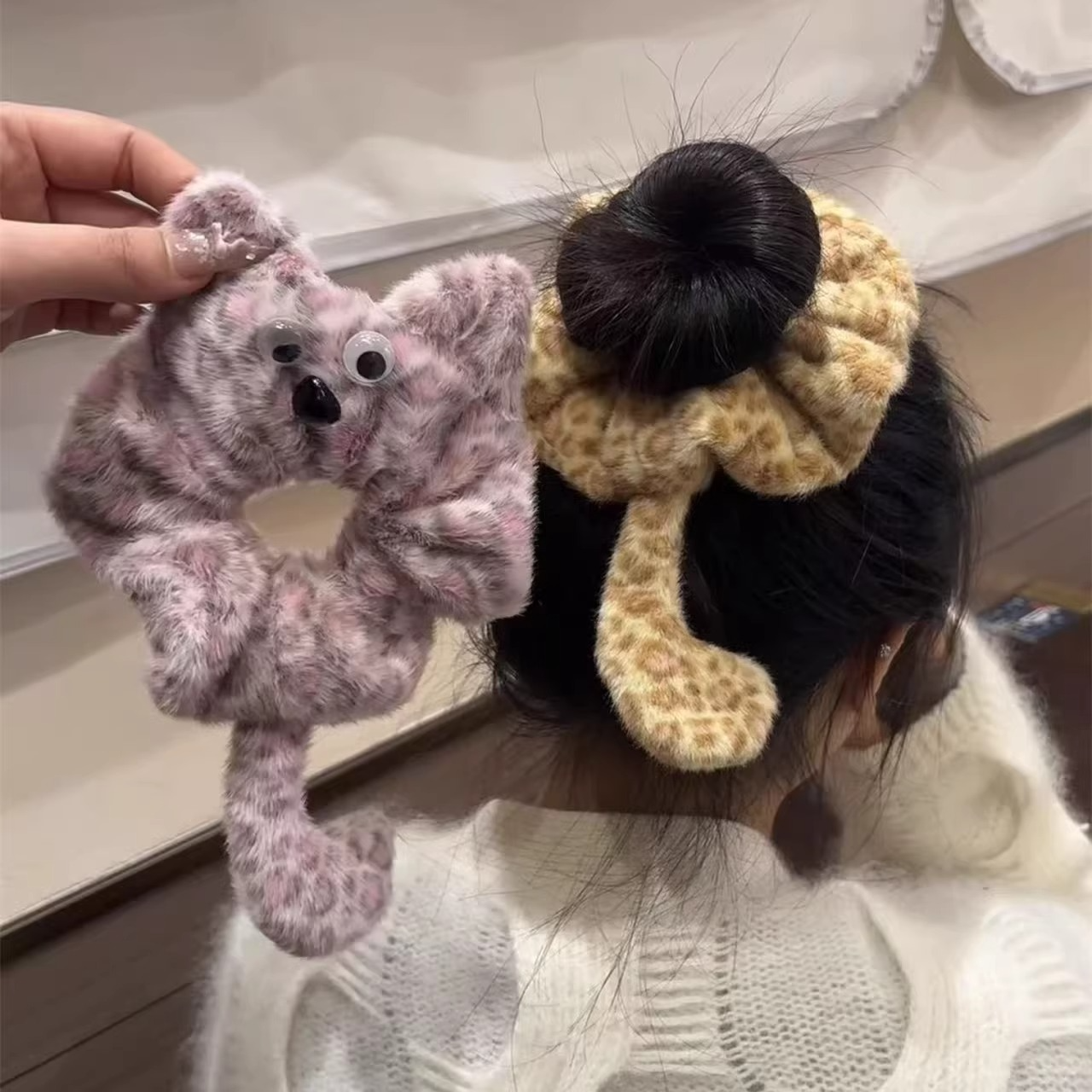 可爱豹纹毛绒小猫发圈少女心大肠发圈甜美卡通马尾丸子头绳发饰女