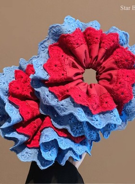 新年红色蕾丝双层大肠发圈女韩系高级感丸子头扎头发头绳超大头饰