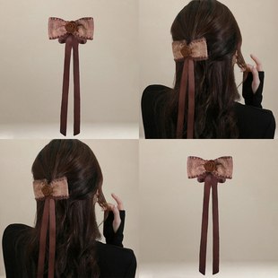 网红古风咖色抓夹蝴蝶结毛绒飘带丝带发夹半丸子头马尾鲨鱼夹女