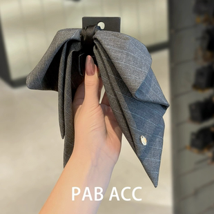 韩国复古蝴蝶结灰色条纹马尾抓夹格雷系后脑勺时尚 发夹高级感头饰