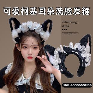 毛绒lolita头箍女蕾丝蝴蝶结头饰仿真兽耳女仆柯基发饰日系KC发箍