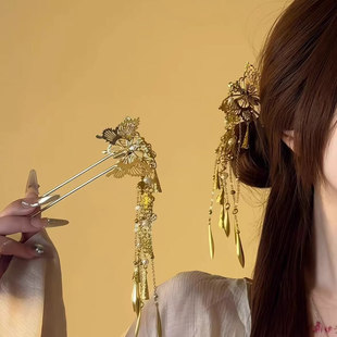 古风金色蝴蝶流苏U型发簪女新中式 汉服后脑勺盘发步摇发钗发饰品