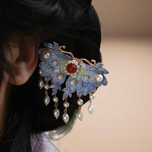 故乡遥 蝴蝶古风发饰复古头饰后压夹 清汉女边夹仿烧蓝唐宋制发夹