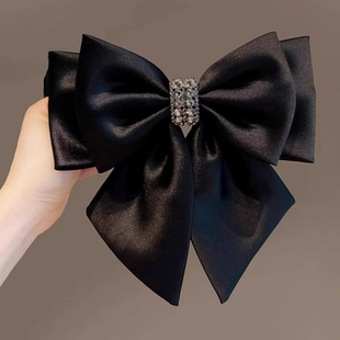 高级感缎面黑色蝴蝶结弹簧夹发夹后脑勺头饰发卡水钻气质