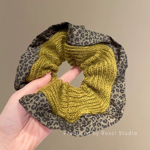 秋冬豹纹毛线针织大肠发圈女慵懒风高级感弹力耐用头花丸子头发绳