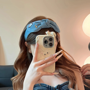 韩国新款 复古蝴蝶结发饰压发显脸小女发箍 头饰宽边牛仔布头箍法式