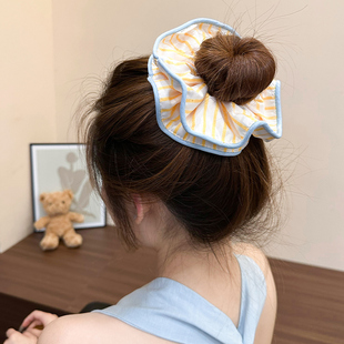 柏林落日 丸子头超大头绳韩系 黄色条纹大肠发圈女高级感发饰法式