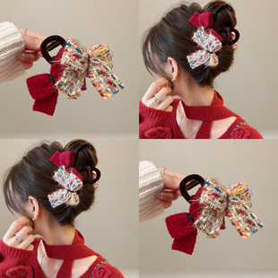 秋冬毛绒蝴蝶结发夹女后脑勺高级感抓夹大号鲨鱼夹发量多夹子发饰