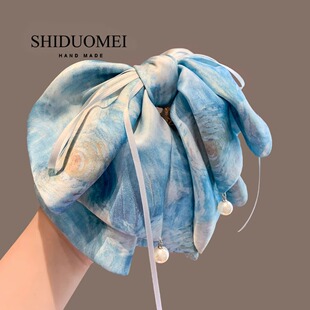 新中式 高级感挂珠飘带发夹头饰女 油画星空扎染蝴蝶结高马尾夹新款