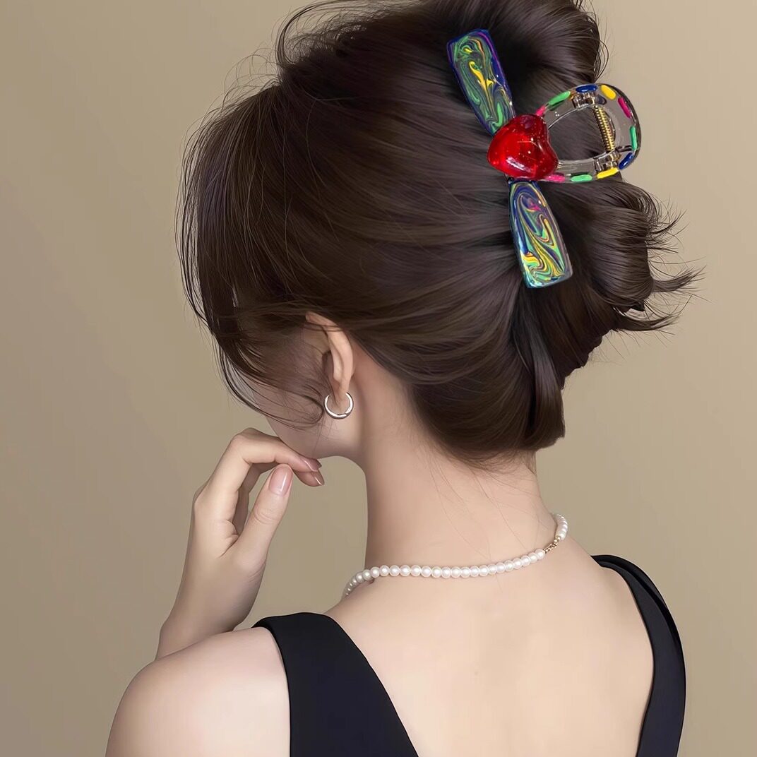 七彩绚丽 ~晕染彩色果冻爱心抓夹复古气质蝴蝶结发夹后脑勺盘发器