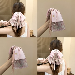 仙气雪纺碎花马尾夹高级感水晶流苏显发量抓夹甜美气质王网纱发饰