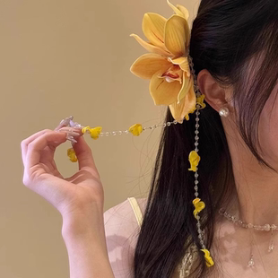Spring春 唯美黄色玉兰花朵发夹女气质氛围感流苏发饰品旅行发卡
