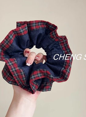 韩系新红色牛仔格子双层大肠发圈女气质大号丸子头扎头发头绳