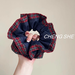 韩系新红色牛仔格子双层大肠发圈女气质大号丸子头扎头发头绳