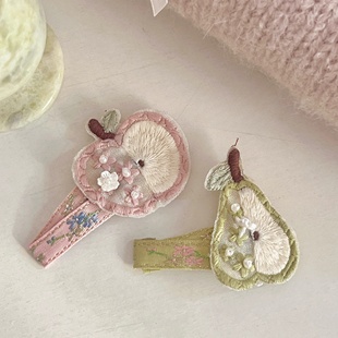 可爱手工刺绣粉色苹果发夹小众设计梨子发卡侧边掰掰夹头饰发饰