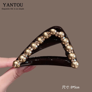 高级氛围感 发夹后脑勺盘发鲨鱼夹高马尾 珍珠三角抓夹女2025新款