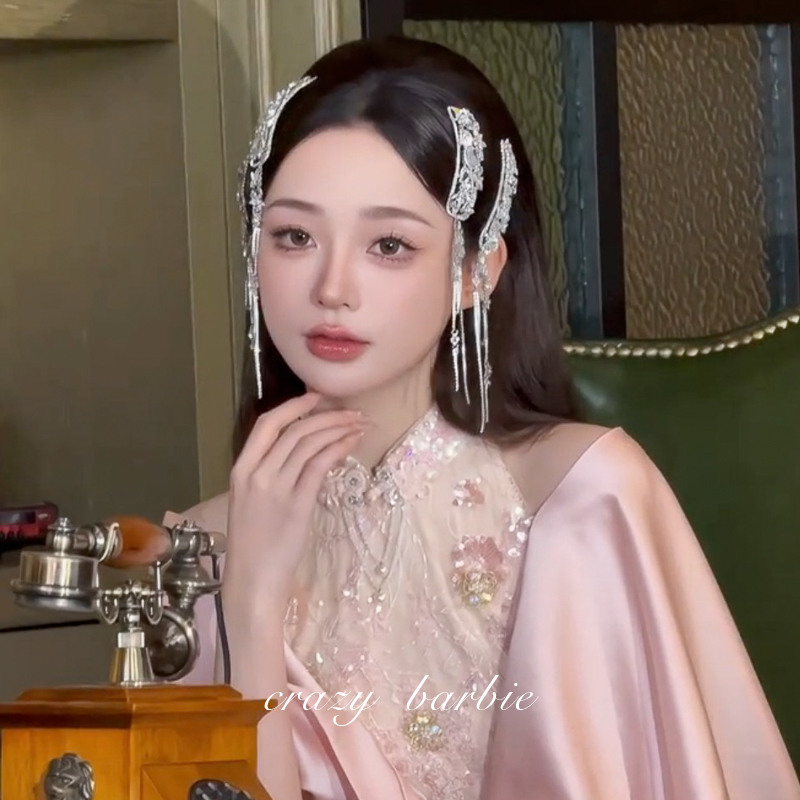 新中式银色满钻流苏发夹