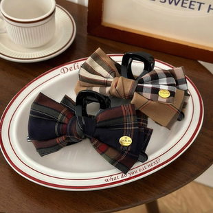 格纹蝴蝶结抓夹大号女后脑勺发量大秋冬鲨鱼夹发夹2025新款 高级感