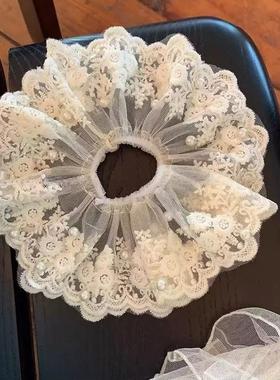 珍珠蕾丝大肠发圈白色超仙刺绣温柔花边低丸子发绳头绳扎发头花